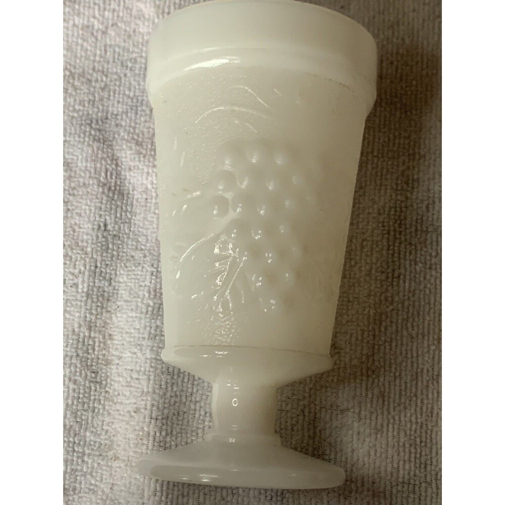 Vintage white milk glass footed goblet grape and leaves impression,